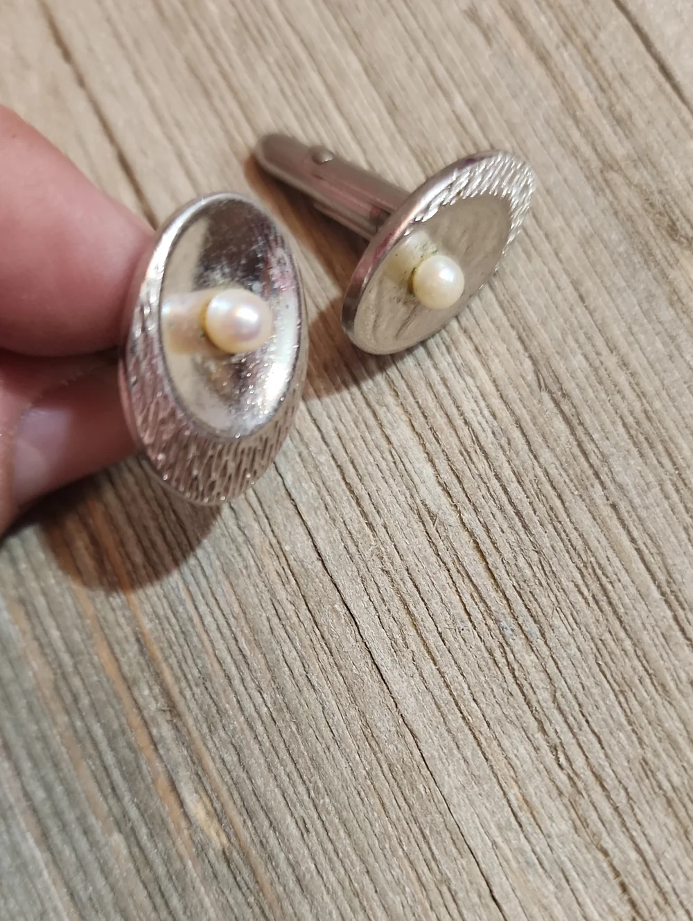 Vintage Swank Silver Tone Pearl Accent Oval Cufflinks